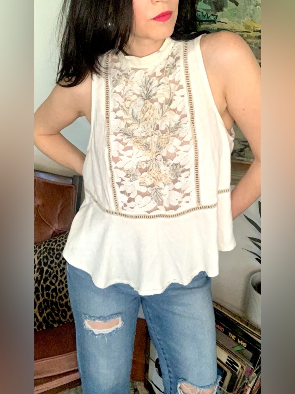 Free People Cream Lace-Front Sleeveless Camisole